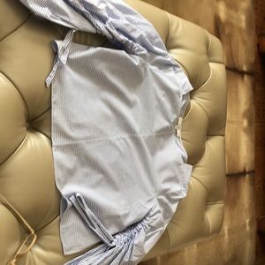 Tibi blue and white shirted sleeve woven top